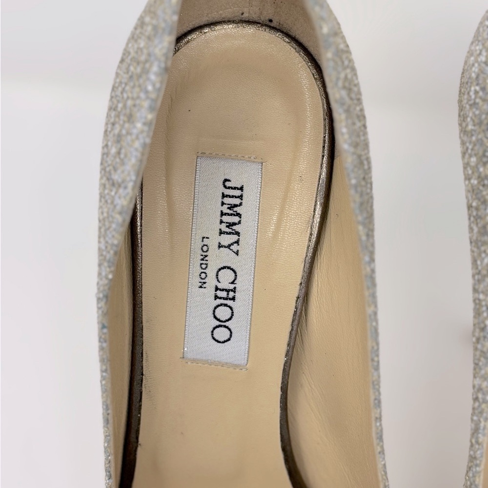 Jimmy Choo Crown Glitter Fabric Champagne Peep Toe Pumps Heels Size 38 - Picture 4 of 12
